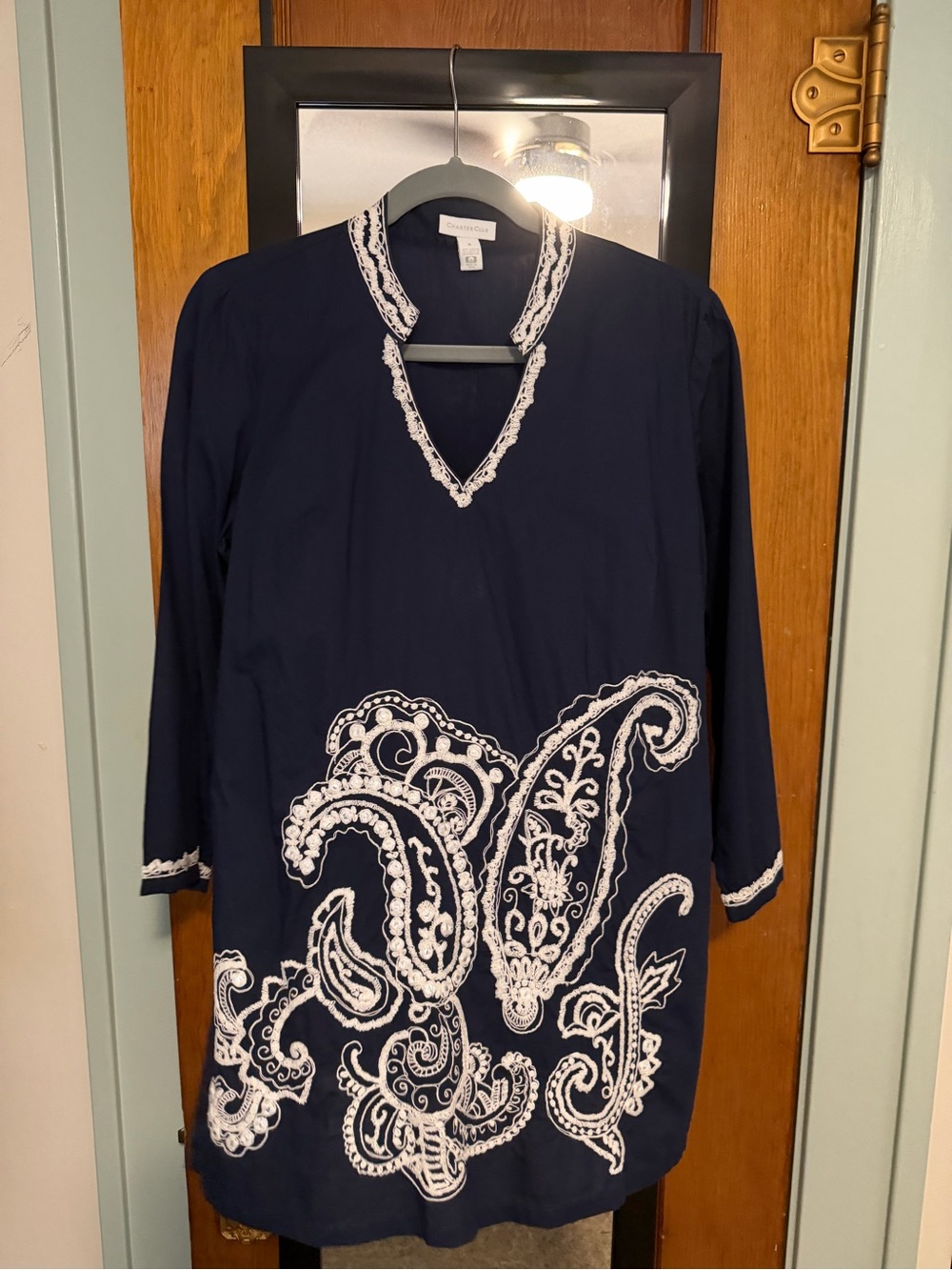 Charter Club Navy Tunic with White Paisley Embroidery